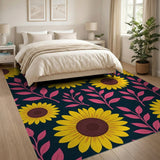 Vibrant Sunflower Pink Leaves Navy Area Rug