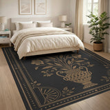 Gold Floral Vase Black Area Rug