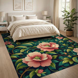 Vintage Pink Anemone Floral Green Area Rug
