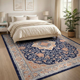Navy Blue Orange Floral Persian Area Rug