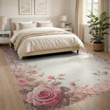 ODIKA Vintage Pink Rose Floral Washable Area Rug - Low Pile Non-Slip Carpet