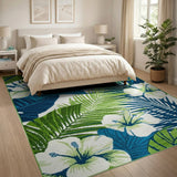 Tropical Green Palm Leaf and Hibiscus Area Rug