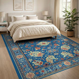 Blue Persian Floral Area Rug with Vine Motifs