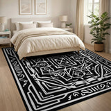 Intricate Black White Geometric Tribal Area Rug