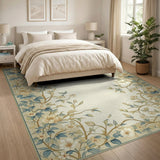 Vintage Floral Border Area Rug in Cream Teal