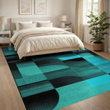Blue and Teal Teal Black Geometric Abstract Area Rug