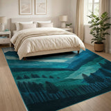 Teal Layered Mountains and Pine Rug