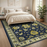 Navy Blue Gold Floral Persian Area Rug