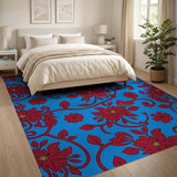 Bold Red Flowers on Vibrant Blue Floral Rug