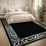 Ornate White Border Black Area Rug