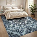 Elegant Blue Floral Lace Damask Rug