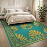 Teal and Gold Fan Leaf Area Rug