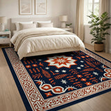 ODIKA Washable Navy Blue & Terracotta Bohemian Area Rug - Non-Slip Low Pile