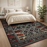 Black Red Geometric Tribal Area Rug