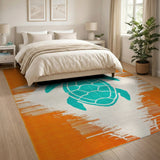 Teal Sea Turtle on Orange Coastal Area Rug