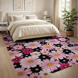 Retro Pink Daisy Floral Area Rug on Black