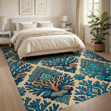 Teal Coral Damask Area Rug
