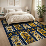 Moroccan Arched Navy Rug with Gold Mythical Beasts