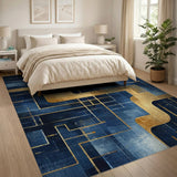 Modern Navy Blue Gold Geometric Area Rug