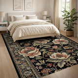 Vintage Peony Floral Area Rug on Black