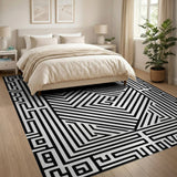 Intricate Black White Geometric Maze Geometric Modern Rug