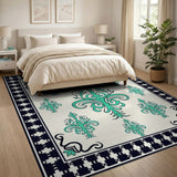 Teal Ornate Persian Area Rug Black Border