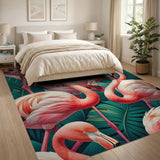 Vibrant Pink Flamingos Palm Leaves Area Rug