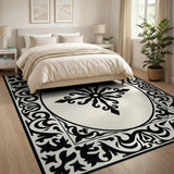 Ornate Black White Baroque Medallion Rug