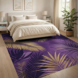 ODIKA Tropical Palm Leaf Purple and Gold Washable Area Rug - Low Pile, Non-Slip, Pet Friendly