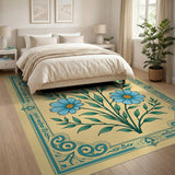 Vintage Blue Daisy Floral Rug with Teal Border