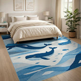 Whimsical Blue Whale Ocean Waves Area Rug