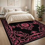 Pink Ornate Pink Floral Area Rug on Black