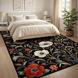 Vintage Red Poppy Floral Black Area Rug