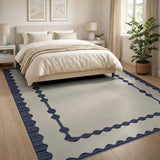 Navy Scalloped Bead Border Beige Area Rug