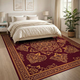 ODIKA Washable Ornate Mandala Area Rug - Burgundy & Gold Traditional Low Pile Carpet