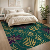Emerald Green Purple Star Flowers Gold Leaf Rug