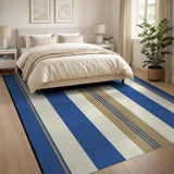 Navy Blue, Cream Tan Striped Coastal Area Rug