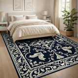 Navy Ornate Floral Damask Area Rug