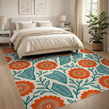 Vibrant Orange Dahlia Teal Leaf Area Rug