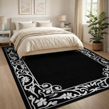 Black and White Ornate Floral Border Black White Area Rug