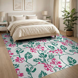 Pink Floral Green Leaf Pattern Area Rug