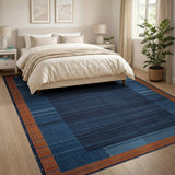 Navy Blue Striped Area Rug with Orange Border