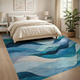Teal Blue Abstract Waves Mountains Rug with Gold Sun