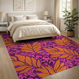 Vibrant Magenta Orange Leaf Pattern Area Rug