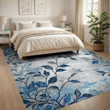 Navy Blue Leaf Branches Distressed Area Rug