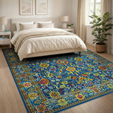 Vibrant Blue Persian Area Rug with Multi-Color Florals