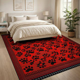 Red Area Rug with Black Dog Paw Prints
