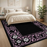 Elegant Pink Floral Border Black Area Rug