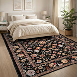 Black Persian Floral Area Rug with Orange Motifs