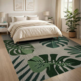 Green Monstera Leaves Area Rug on Beige